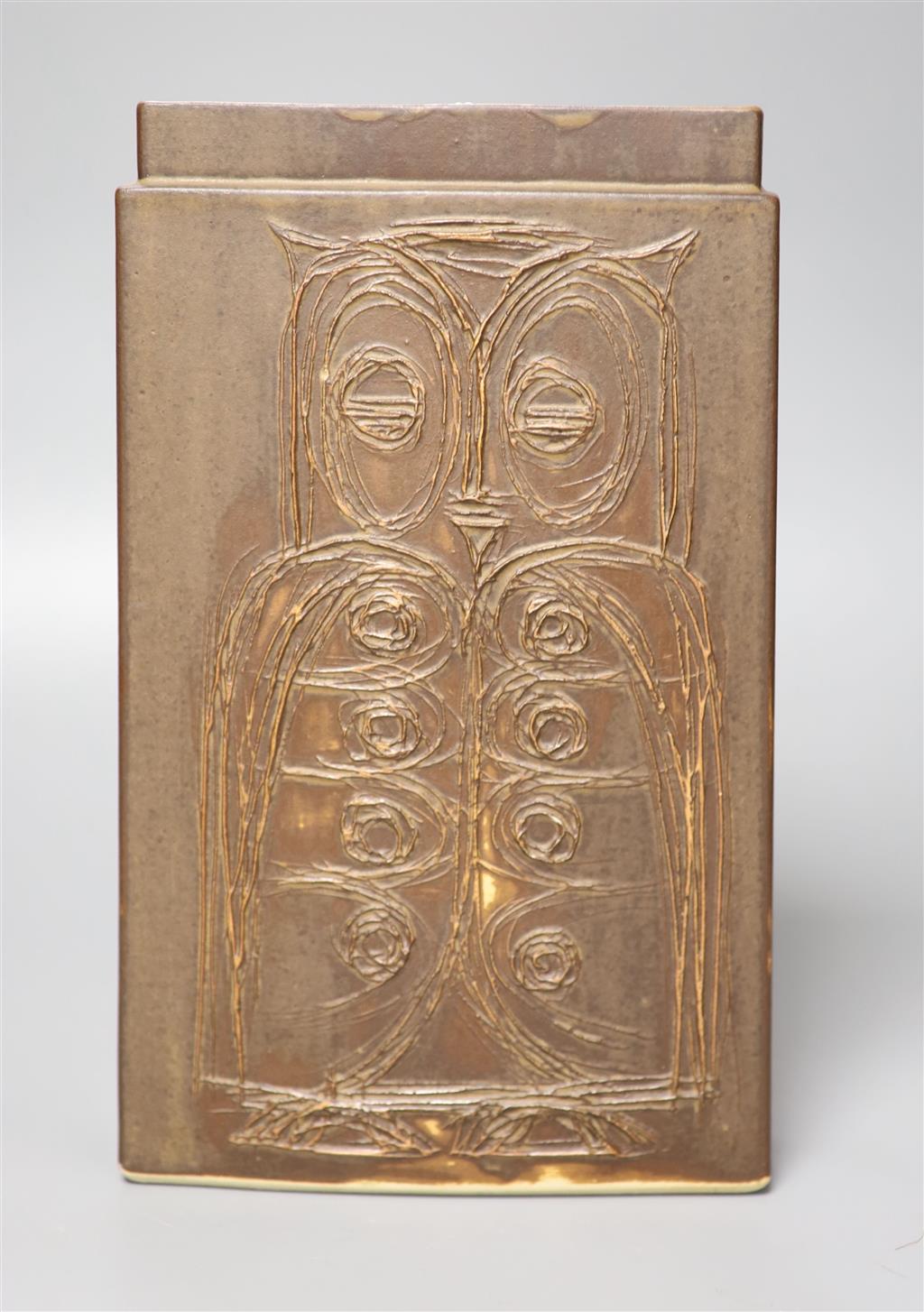 Owl and pussycat slab vase, circa 1970, possibly Padarn wares